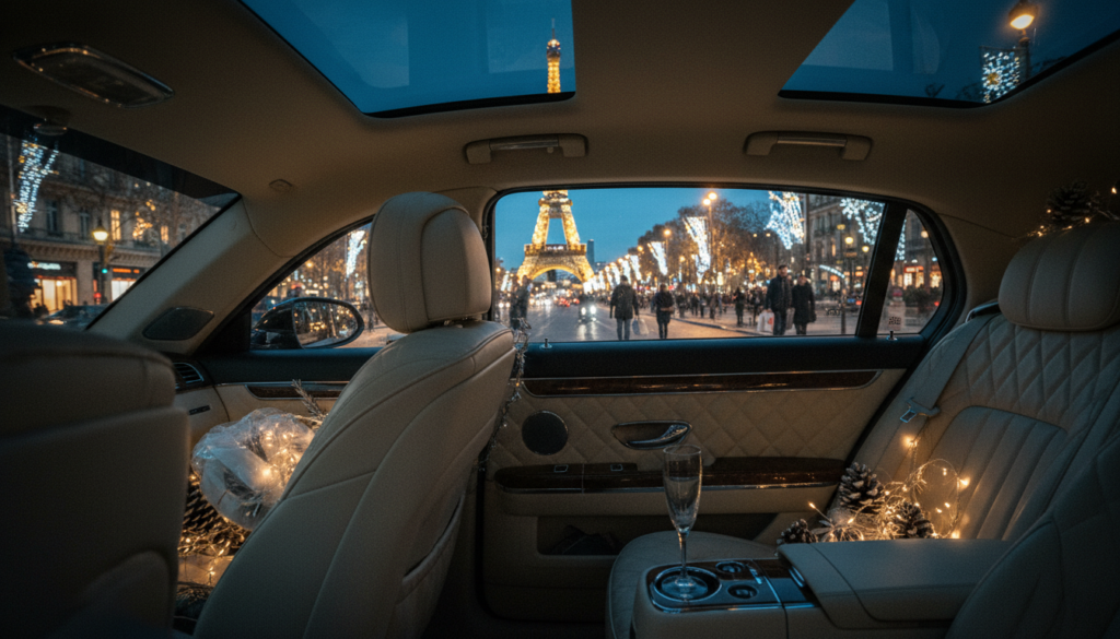 A luxury private chauffeur-driven car, elegantly styled, glides through the enchanting streets of Paris adorned with dazzling Christmas lights. In the foreground, the plush interior of the vehicle is visible, featuring rich leather seats and sparkling decorations, hinting at opulence. The middle ground showcases iconic Parisian landmarks like the Eiffel Tower and the Champs-Élysées, beautifully illuminated with twinkling lights and festive decorations. In the background, the evening sky deepens into a twilight blue, casting a magical glow over the scene. The atmosphere is warm and inviting, evoking a sense of joy and celebration. The image is captured in cinematic lighting, with highly detailed textures, in 8k resolution, highlighting the festive spirit of a luxurious Christmas experience in Paris.