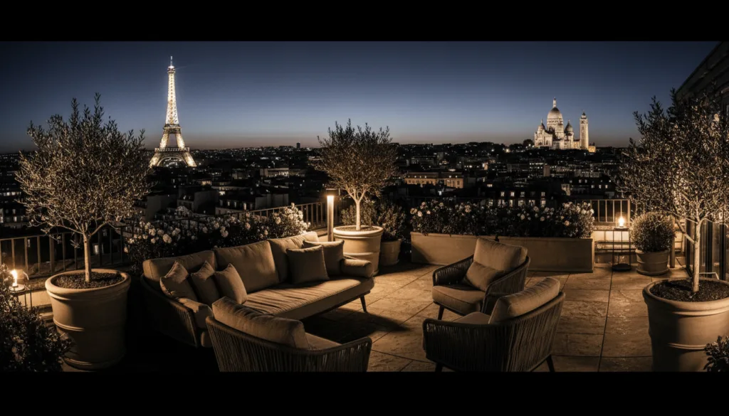 Una vista panorámica desde una elegante terraza en la azotea con vistas a París de noche, con lugares emblemáticos como la Torre Eiffel y el Sacré-Cœur iluminados contra el cielo crepuscular. En primer plano, elegantes muebles de exterior adornados con mullidos cojines invitan a los huéspedes a relajarse, rodeados de exuberante vegetación. En segundo plano, una suave y cálida iluminación cinematográfica crea un ambiente acogedor, realzando las texturas de la terraza. El fondo muestra un vibrante paisaje urbano que centellea bajo un cielo azul intenso, acentuando la romántica atmósfera de París por la noche. Capturada en resolución 8k, con un enfoque en el detalle y la profundidad, esta composición transmite una sensación de encanto y tranquilidad, realzando el encanto de los miradores nocturnos en la Ciudad de la Luz.