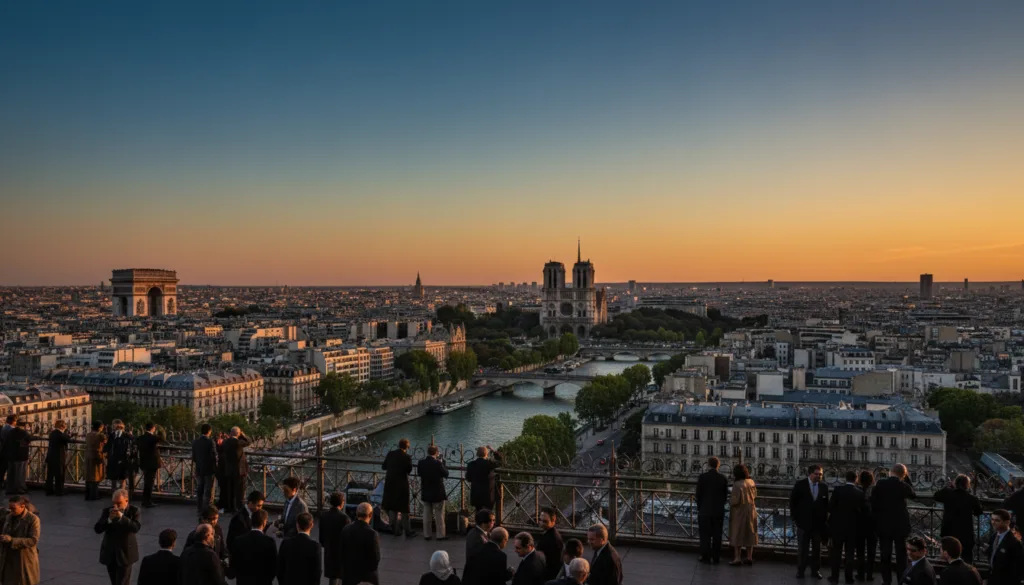 Una vista panorámica desde el mirador del segundo piso de la Torre Eiffel muestra un impresionante paisaje parisino. En primer plano, se ven secciones del mirador con elegantes barandillas, adornadas con turistas con atuendos profesionales que admiran el paisaje. En segundo plano, se muestran emblemáticos monumentos parisinos como el Arco del Triunfo, la Catedral de Notre Dame y el río Sena, que brillan bajo la suave luz dorada del atardecer. El fondo incluye un cielo despejado que cambia de azul a tonos cálidos al atardecer. La composición captura la vitalidad de la ciudad, con texturas de gran detalle de los edificios y la vegetación, todo renderizado en una impresionante resolución de 8k, evocando una sensación de asombro y aventura. Una vista panorámica desde el mirador del segundo piso de la Torre Eiffel muestra un impresionante paisaje parisino. En primer plano, se ven secciones del mirador con elegantes barandillas, adornadas con turistas con atuendos profesionales que admiran el paisaje. En segundo plano, se muestran emblemáticos monumentos parisinos como el Arco del Triunfo, la Catedral de Notre Dame y el río Sena, que brillan bajo la suave luz dorada del atardecer. El fondo incluye un cielo despejado que cambia de azul a tonos cálidos al atardecer. La composición captura la vitalidad de la ciudad, con texturas de gran detalle de los edificios y la vegetación, todo renderizado en una impresionante resolución de 8k, evocando una sensación de asombro y aventura.