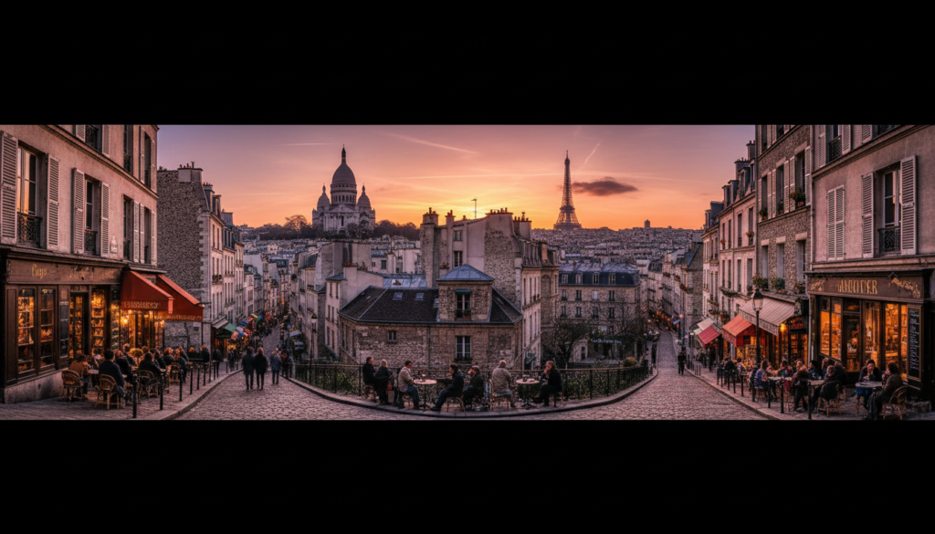 A panoramic view of historic neighborhoods in Paris, showcasing the architectural beauty of Montmartre, Le Marais, and Latin Quarter. In the foreground, cobblestone streets weave through charming bistros and vintage boutiques, while locals in modest casual clothing enjoy café culture. The middle ground features iconic landmarks like Sacré-Cœur and narrow Parisian alleys adorned with blooming window boxes. The background reveals the majestic silhouette of the Eiffel Tower against a sunset sky, casting warm cinematic lighting over the scene. Capture highly detailed textures of old stone buildings and wrought-iron balconies. This image should evoke a nostalgic atmosphere, highlighting the rich history that has shaped the city, presented in stunning 8k resolution for a vivid visual experience.