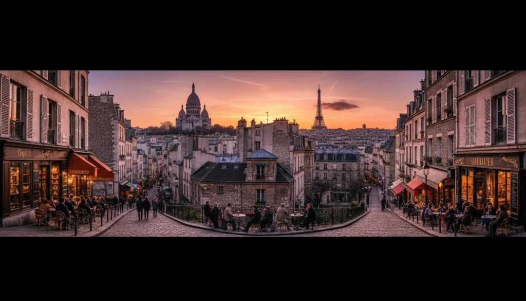 Una vista panorámica de los barrios históricos de París, que muestra la belleza arquitectónica de Montmartre, Le Marais y el Barrio Latino. En primer plano, las calles adoquinadas serpentean entre encantadores bistrós y boutiques vintage, mientras los lugareños, con ropa informal y modesta, disfrutan de la cultura de los cafés. En segundo plano, se encuentran lugares emblemáticos como el Sacré-Cœur y estrechos callejones parisinos adornados con jardineras floridas. El fondo revela la majestuosa silueta de la Torre Eiffel contra el cielo del atardecer, proyectando una cálida iluminación cinematográfica sobre la escena. Captura texturas con gran detalle de antiguos edificios de piedra y balcones de hierro forjado. Esta imagen evoca una atmósfera nostálgica, resaltando la rica historia que ha moldeado la ciudad, presentada en una impresionante resolución de 8k para una experiencia visual vívida.