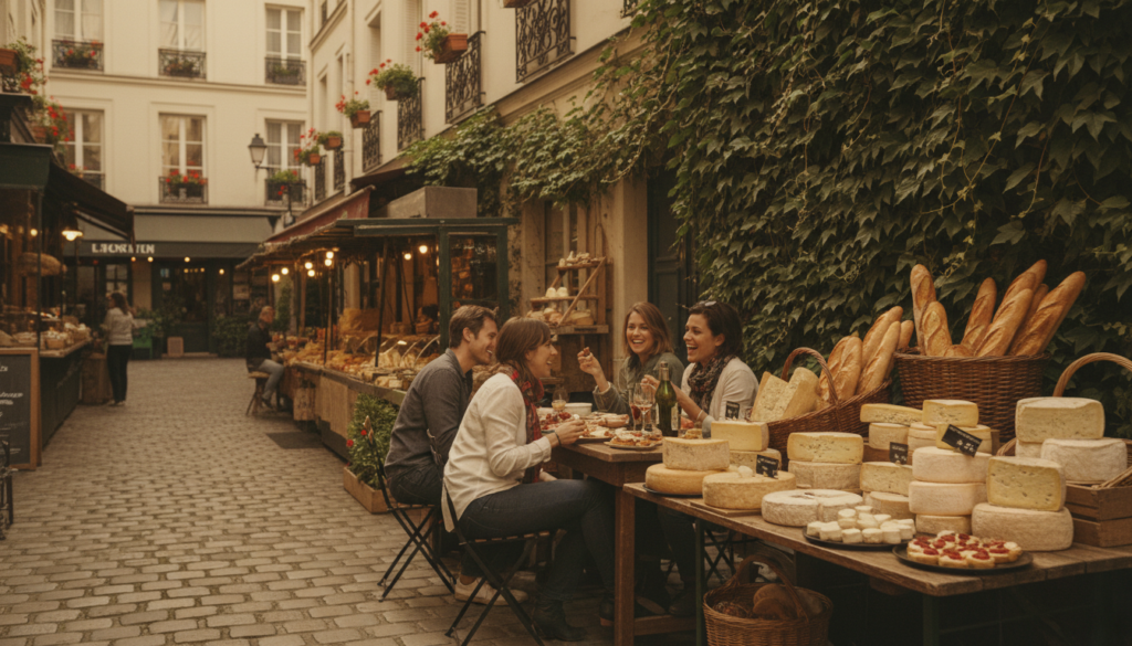 A picturesque Parisian alleyway in a vibrant neighborhood, showcasing the charm of hidden food spots. In the foreground, a quaint cobblestone path lined with artisanal food stalls, showcasing colorful displays of fresh baguettes, gourmet cheeses, and pastries. In the middle ground, a small group of patrons, dressed in casual yet trendy attire, enjoying their meals at a rustic wooden table set against ivy-covered walls. The background features traditional Parisian architecture with wrought-iron balconies, bathed in warm, golden hour sunlight that casts soft shadows. The scene conveys an inviting and bustling atmosphere, ideal for a food tour experience, with highly detailed textures and a depth of field that emphasizes the allure of hidden culinary delights in Paris. 8k resolution, raw photograph style, cinematic lighting.