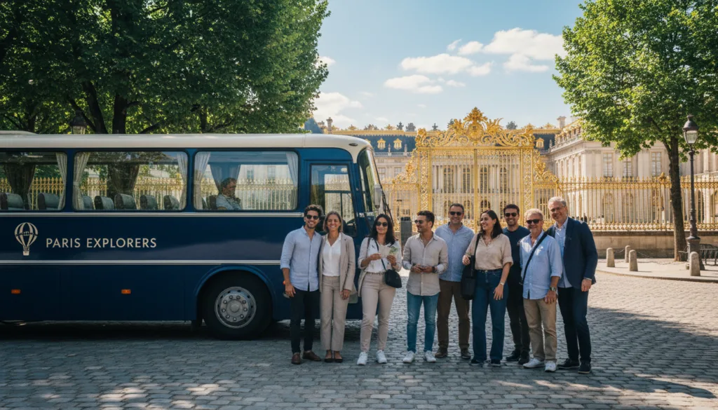 Une scène pittoresque d'une excursion d'une journée de Paris au magnifique château de Versailles. Au premier plan, un groupe hétéroclite de touristes, vêtus de façon décontractée et sobre, sourient et partagent leur enthousiasme autour d'un autocar élégant orné du logo de l'agence de voyages. Au centre, l'autocar est stationné sur une allée pavée bordée d'arbres luxuriants. Les emblématiques grilles dorées du château de Versailles se dessinent, scintillant au soleil et révélant leurs détails les plus fins. À l'arrière-plan, la façade majestueuse du château se détache sur un ciel d'un bleu limpide parsemé de nuages ​​cotonneux, créant une atmosphère sereine. Un éclairage cinématographique sublime les couleurs éclatantes et met en valeur les textures de l'architecture et de la nature. Cette photographie brute et détaillée, capturée en résolution 8K, invite à l'aventure et à la découverte.