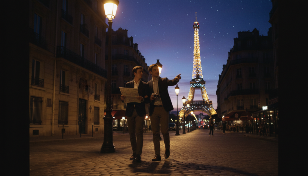 Gleznaina vakara aina Parīzē, kurā redzama mājīga iela, ko izgaismo silta, aicinoša laternu gaisma. Priekšplānā pāris eleganti ikdienišķā apģērbā pastaigājas ar karti un kameru, demonstrējot savu saderināšanos nakts ekskursijā. Vidusdaļā redzama ikoniska Parīzes arhitektūra ar maigi mirdzošiem logiem un rosīgas naktsdzīves pieskaņu, savukārt fonā uz dziļas krēslas debesīm, kas piepildītas ar zvaigznēm, mirdz Eifeļa tornis. Kompozīcija tver drošības un izpētes būtību, uzsverot piedzīvojumu un dzīvīguma sajūtu. Attēls ir kadrēts, koncentrējoties uz pāri, izmantojot maigu, kinematogrāfisku apgaismojumu, kas izceļ ēku un ielas tekstūras, un atveidots 8k izšķirtspējā, lai nodrošinātu maksimālu detalizāciju.