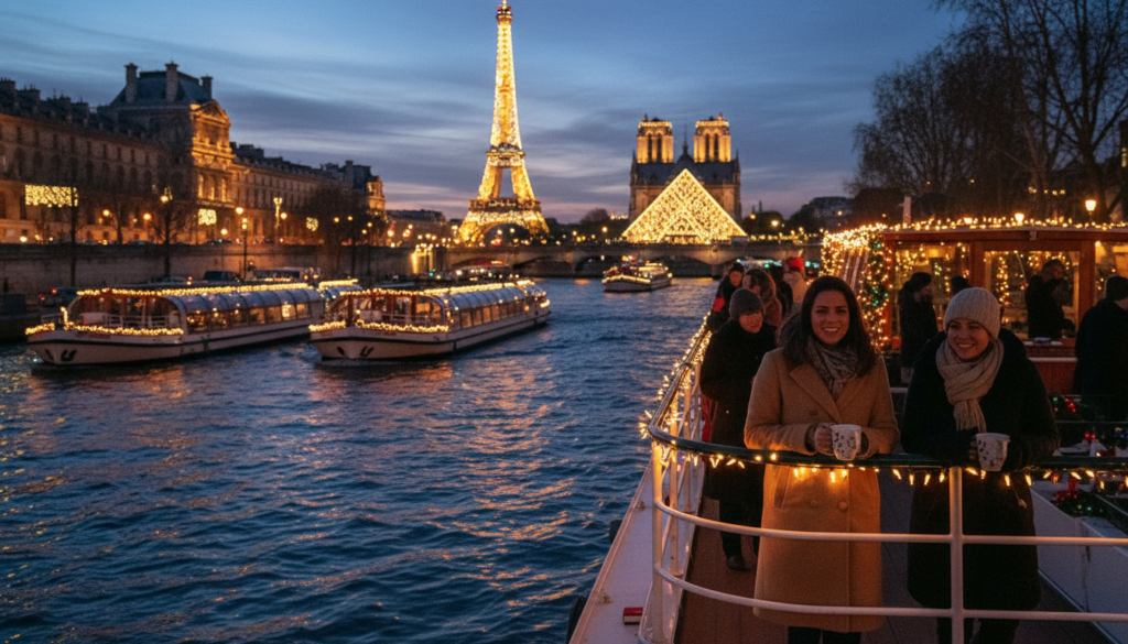A picturesque evening scene of Seine River Christmas cruises, featuring elegantly illuminated boats gliding through the water. In the foreground, soft reflections of twinkling holiday lights dance on the river's surface. The middle ground showcases tourists aboard the boats, wrapped in cozy winter attire, enjoying the festive ambiance. In the background, iconic Paris landmarks like the Eiffel Tower, Notre-Dame Cathedral, and the Louvre are adorned with colorful Christmas decorations, glowing warmly against the twilight sky. The atmosphere is enchanting, evoking a sense of holiday joy and wonder. The image should capture this scene with cinematic lighting, emphasizing the textures of the water and architecture, shot in 8k resolution for stunning detail.