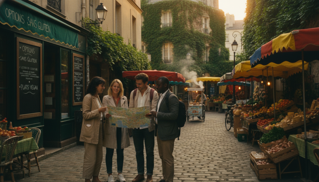 A picturesque hidden alley in Paris, adorned with quaint cafes and vibrant market stalls. In the foreground, a diverse group of travelers in casual yet stylish attire examines a colorful food map and discusses dietary accommodations, with a blend of excitement and curiosity on their faces. The middle ground features a charming café with a chalkboard menu showcasing gluten-free and vegan options. The background showcases cobblestone streets, vintage lamps casting a warm glow, and ivy climbing the walls of rustic buildings. The lighting is soft yet cinematic, capturing the golden hour atmosphere. High-resolution details highlight the textures of the food and the inviting ambiance, evoking a sense of adventure and culinary exploration.