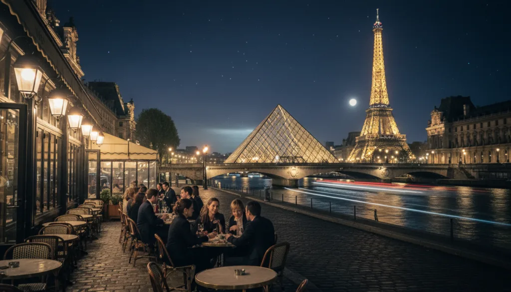 Una pintoresca escena nocturna en París que muestra atracciones culturales para los amantes del arte. En primer plano, una encantadora terraza de café llena de gente con atuendos profesionales, disfrutando de conversaciones bajo la suave luz de las linternas. En segundo plano, se destaca la imponente silueta del Louvre, con su pirámide de cristal iluminada por una luz suave y cálida. A un lado, el río Sena refleja las luces brillantes de los puentes y edificios históricos cercanos. Al fondo, se ve la icónica Torre Eiffel brillando con luces centelleantes contra un cielo índigo profundo salpicado de estrellas. La atmósfera es íntima y acogedora, evocando una sensación de asombro y romance. Filmada con un objetivo gran angular en resolución 8k, destacando las texturas altamente detalladas y la suave iluminación cinematográfica que realza el encantador ambiente de París por la noche.