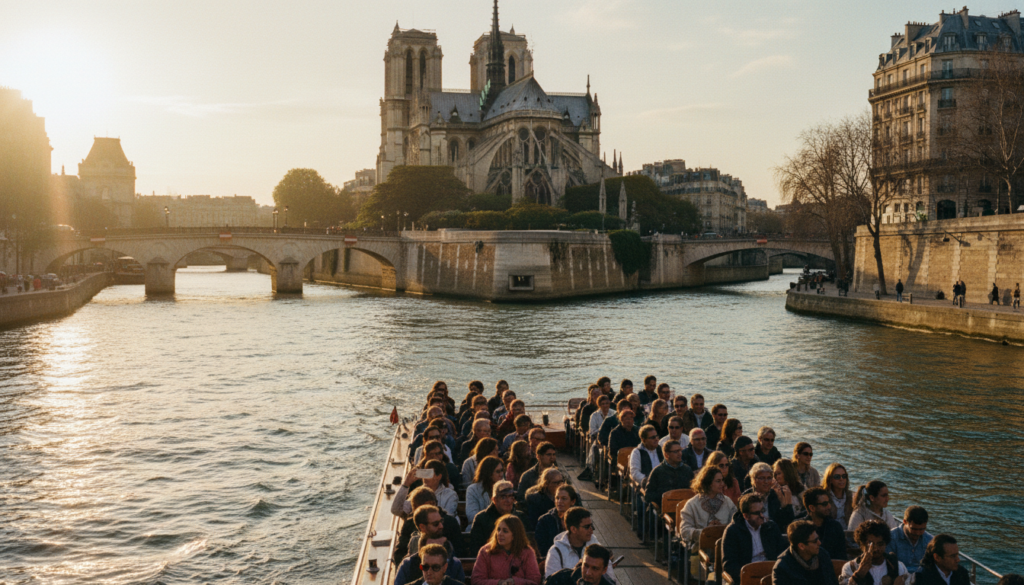 A picturesque scene capturing classic sightseeing boat tours on the Seine River in Paris. In the foreground, a charming wooden boat filled with tourists enjoying the scenic views and taking photographs, with diverse individuals dressed in casual yet modest clothing. The middle ground features the iconic Parisian architecture along the riverbank, including the majestic Notre-Dame Cathedral and elegant bridges adorned with lampposts. In the background, the soft glow of a setting sun reflects off the water, creating a warm, inviting atmosphere. The lighting is cinematic, highlighting the rich textures of the buildings and the shimmering surface of the river. The shot is framed from a slightly elevated angle to showcase the depth of the scene, emphasizing the serene charm of classic boat tours. The image is in stunning 8k resolution, enhancing every detail. A picturesque scene capturing classic sightseeing boat tours on the Seine River in Paris. In the foreground, a charming wooden boat filled with tourists enjoying the scenic views and taking photographs, with diverse individuals dressed in casual yet modest clothing. The middle ground features the iconic Parisian architecture along the riverbank, including the majestic Notre-Dame Cathedral and elegant bridges adorned with lampposts. In the background, the soft glow of a setting sun reflects off the water, creating a warm, inviting atmosphere. The lighting is cinematic, highlighting the rich textures of the buildings and the shimmering surface of the river. The shot is framed from a slightly elevated angle to showcase the depth of the scene, emphasizing the serene charm of classic boat tours. The image is in stunning 8k resolution, enhancing every detail.