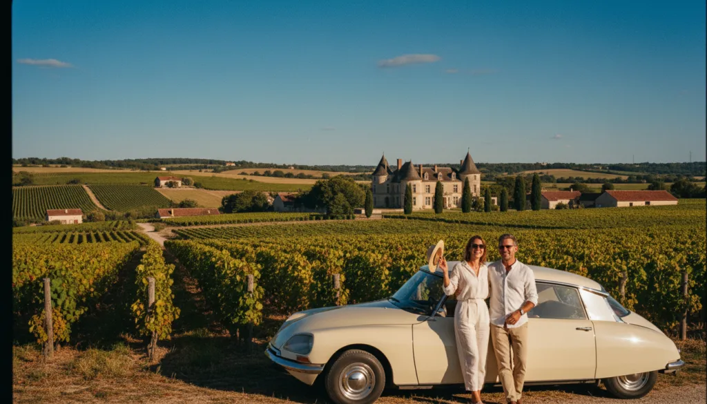 Une scène pittoresque illustrant une excursion d'une journée dans la région de Cognac depuis Paris. Au premier plan, un couple, vêtu avec élégance et décontraction, se tient près d'une voiture ancienne, souriant à la vue des vignobles vallonnés sous un ciel d'azur. Au second plan, des rangées de vignes luxuriantes s'étendent vers un charmant château français, baigné d'une lumière chaude et cinématographique qui met en valeur le vert éclatant et les grains de raisin dorés. À l'arrière-plan se dessinent des collines lointaines et une campagne sereine parsemée de pittoresques fermes. L'atmosphère est joyeuse et accueillante, idéale pour une agréable escapade loin de la ville. L'image est rendue en résolution 8K, révélant des textures d'une grande finesse qui donnent vie à la scène.