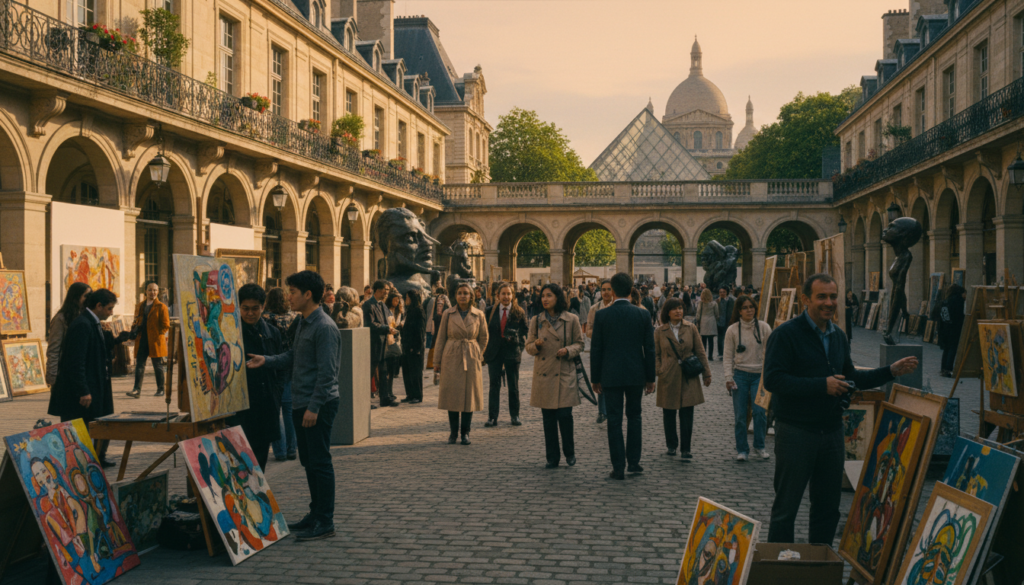 A picturesque scene capturing the essence of free museums and galleries in Paris. In the foreground, a quaint Parisian street lined with local artists displaying their works, featuring vibrant paintings and sculptures, inviting passersby to engage with art. In the middle ground, a beautiful open-air gallery, showcasing historical architecture and lush greenery surrounding the charming buildings. Visitors of diverse backgrounds, dressed in professional business attire and modest casual clothing, are exploring the area, some taking photographs, others admiring the art. In the background, iconic landmarks such as the Louvre and Montmartre can be subtly seen, adding depth to the atmosphere. The image is drenched in warm, cinematic lighting, enhancing the rich textures of the stone buildings and the vibrant colors of the artwork, captured in stunning 8k resolution. A picturesque scene capturing the essence of free museums and galleries in Paris. In the foreground, a quaint Parisian street lined with local artists displaying their works, featuring vibrant paintings and sculptures, inviting passersby to engage with art. In the middle ground, a beautiful open-air gallery, showcasing historical architecture and lush greenery surrounding the charming buildings. Visitors of diverse backgrounds, dressed in professional business attire and modest casual clothing, are exploring the area, some taking photographs, others admiring the art. In the background, iconic landmarks such as the Louvre and Montmartre can be subtly seen, adding depth to the atmosphere. The image is drenched in warm, cinematic lighting, enhancing the rich textures of the stone buildings and the vibrant colors of the artwork, captured in stunning 8k resolution.