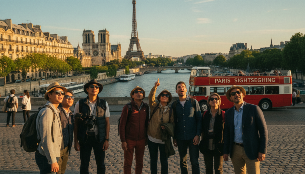 A picturesque scene depicting a vibrant day trip sightseeing tour from Paris. In the foreground, a diverse group of tourists, casually dressed, marveling at famous landmarks like the Eiffel Tower and the Seine River. The middle ground features iconic Parisian architecture, historical sites, and lush greenery, with a charming tour bus parked nearby. In the background, rolling hills of the French countryside hint at destinations like Versailles and Giverny. The lighting is soft and warm, reminiscent of golden hour, creating a welcoming and adventurous atmosphere. Shot with a wide-angle lens to capture the full essence of the tour, the image must showcase rich, detailed textures and 8k resolution for stunning clarity and depth. A picturesque scene depicting a vibrant day trip sightseeing tour from Paris. In the foreground, a diverse group of tourists, casually dressed, marveling at famous landmarks like the Eiffel Tower and the Seine River. The middle ground features iconic Parisian architecture, historical sites, and lush greenery, with a charming tour bus parked nearby. In the background, rolling hills of the French countryside hint at destinations like Versailles and Giverny. The lighting is soft and warm, reminiscent of golden hour, creating a welcoming and adventurous atmosphere. Shot with a wide-angle lens to capture the full essence of the tour, the image must showcase rich, detailed textures and 8k resolution for stunning clarity and depth.