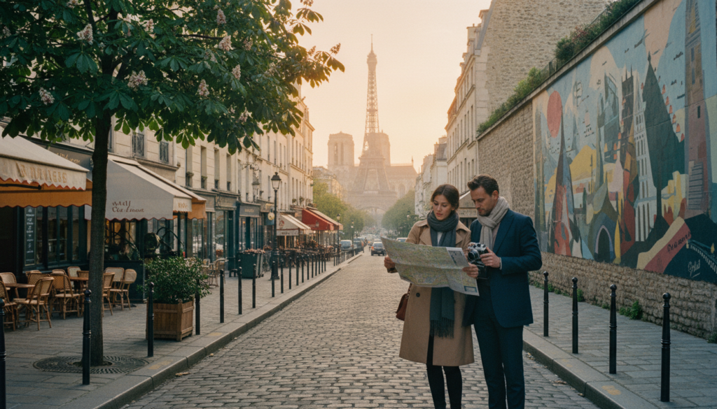 A picturesque scene illustrating a self-guided exploration of historical attractions in Paris, featuring a charming cobblestone street lined with iconic landmarks such as the Eiffel Tower and Notre-Dame Cathedral in the distance. In the foreground, a couple dressed in casual yet stylish attire consults a detailed map while surrounded by Parisian café terraces and lush greenery. The middle ground highlights intriguing street art and local boutiques, capturing the vibrant local culture. The background showcases the stunning Paris skyline bathed in warm, golden hour lighting, casting soft shadows and enhancing the textures of the historic architecture. The overall mood is inviting and nostalgic, evoking the romance and allure of discovering Paris's rich history through a leisurely stroll. The image is captured in a highly detailed, raw photographic style with 8k resolution, emphasizing the cinematic quality of the scene.