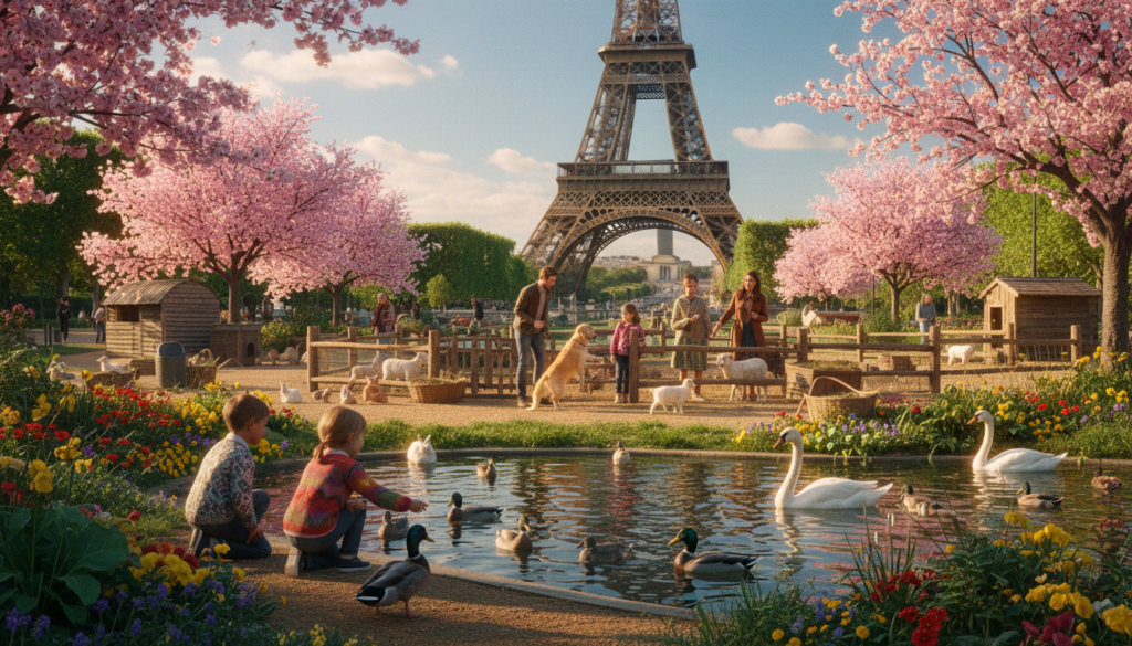 A picturesque scene in Paris showcasing family-friendly attractions for animal lovers. In the foreground, a couple of children joyfully feeding ducks at a serene park pond, surrounded by lush greenery and colorful flowers. In the middle ground, a family is joyfully interacting with a friendly dog at a petting zoo, featuring various small animals like rabbits and goats. The iconic Eiffel Tower is visible in the background, framed by blooming cherry blossom trees and a clear blue sky. The atmosphere is lively and cheerful, capturing the essence of a perfect family day out. The image should have warm, inviting lighting, with highly detailed textures and vibrant colors to evoke happiness and wonder, rendered in 8k resolution.