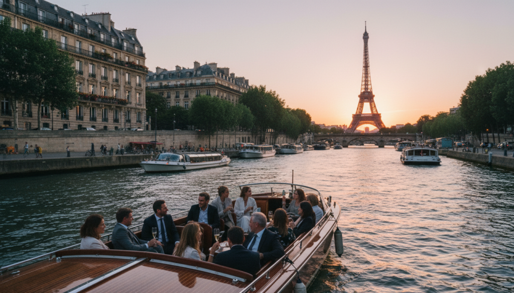 Wani kyakkyawan yanayi na jirgin ruwa na kogin Seine a birnin Paris, wanda ke nuna kyawawan jiragen ruwa da ke shawagi a kan ruwa. A gaba, wani jirgin ruwa mai kyau cike da masu yawon bude ido sanye da kayan kasuwanci na ƙwararru yana shan shampen, yana kallon kyawawan wurare. Tsakiyar wurin yana nuna gine-ginen Paris masu ban sha'awa da ke gefen kogin, tare da gine-gine na gargajiya da aka ƙawata da baranda da furanni. A bango, kyakkyawan siffa ta Hasumiyar Eiffel tana tashi sama da sararin faɗuwar rana mai haske, tana haskakawa da ɗumi. Yanayi yana da natsuwa da soyayya, wanda aka haskaka ta hanyar hasken silima mai laushi wanda ke ƙara haske ga yanayin ruwa da gine-gine. An ɗauki hoton a cikin ƙudurin 8k, yana nuna cikakkun bayanai masu rikitarwa, tare da ɗan kusurwa mai tsayi don kallon mai faɗi. Wani kyakkyawan yanayi na jirgin ruwa na kogin Seine a birnin Paris, wanda ke nuna kyawawan jiragen ruwa da ke shawagi a kan ruwa. A gaba, wani jirgin ruwa mai kyau cike da masu yawon bude ido sanye da kayan kasuwanci na ƙwararru yana shan shampen, yana kallon kyawawan wurare. Tsakiyar wurin yana nuna gine-ginen Paris masu ban sha'awa da ke gefen kogin, tare da gine-gine na gargajiya da aka ƙawata da baranda da furanni. A bango, kyakkyawan siffa ta Hasumiyar Eiffel tana tashi sama da sararin faɗuwar rana mai haske, tana haskakawa da ɗumi. Yanayi yana da natsuwa da soyayya, wanda aka haskaka ta hanyar hasken silima mai laushi wanda ke ƙara haske ga yanayin ruwa da gine-gine. An ɗauki hoton a cikin ƙudurin 8k, yana nuna cikakkun bayanai masu rikitarwa, tare da ɗan kusurwa mai tsayi don kallon mai faɗi.