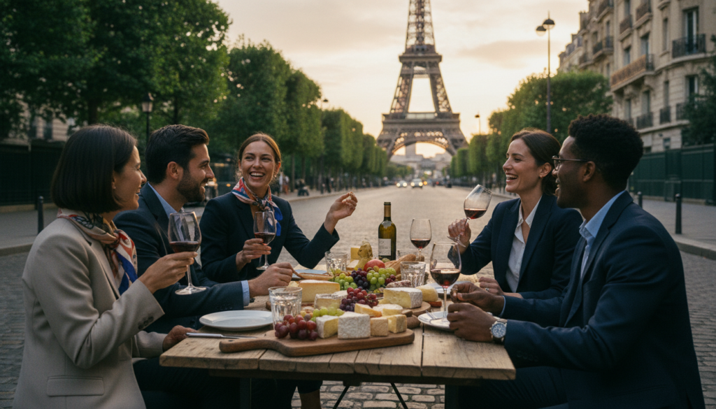 Wani kyakkyawan yanayi na rangadin abinci da ruwan inabi na Viator a birnin Paris, wanda ke nuna ƙaramin rukuni na matafiya daban-daban suna jin daɗin yin wasan kwaikwayo na waje a kan titin dutse mai duwatsu. A gaba, wani tebur mai kyau na katako wanda aka shirya cike da cuku-cuku na gargajiya, sabbin baguettes, 'ya'yan itatuwa masu launi, da gilashin giya masu kyau. A tsakiyar gari, matafiya suna tattaunawa mai daɗi, wasu sanye da kayan kwalliya na ƙwararru, suna dariya da jin daɗin lokacin. Babban Hasumiyar Eiffel tana tsaye a bango, wanda aka yi wa ado da kayan lambu masu kyau da kuma kyawawan gine-ginen Paris. Wurin yana cike da hasken sa'a mai dumi, na zinariya, yana ƙirƙirar yanayi mai kyau da walwala, yana jaddada kyawawan yanayin abincin da kuma farin cikin mahalarta. An kama shi da ƙudurin 8k, yana nuna cikakkun bayanai masu rikitarwa don tasirin fim. Wani kyakkyawan yanayi na rangadin abinci da ruwan inabi na Viator a birnin Paris, wanda ke nuna ƙaramin rukuni na matafiya daban-daban suna jin daɗin yin wasan kwaikwayo na waje a kan titin dutse mai duwatsu. A gaba, wani tebur mai kyau na katako wanda aka shirya cike da cuku-cuku na gargajiya, sabbin baguettes, 'ya'yan itatuwa masu launi, da gilashin giya masu kyau. A tsakiyar gari, matafiya suna tattaunawa mai daɗi, wasu sanye da kayan kwalliya na ƙwararru, suna dariya da jin daɗin lokacin. Babban Hasumiyar Eiffel tana tsaye a bango, wanda aka yi wa ado da kayan lambu masu kyau da kuma kyawawan gine-ginen Paris. Wurin yana cike da hasken sa'a mai dumi, na zinariya, yana ƙirƙirar yanayi mai kyau da walwala, yana jaddada kyawawan yanayin abincin da kuma farin cikin mahalarta. An kama shi da ƙudurin 8k, yana nuna cikakkun bayanai masu rikitarwa don tasirin fim.