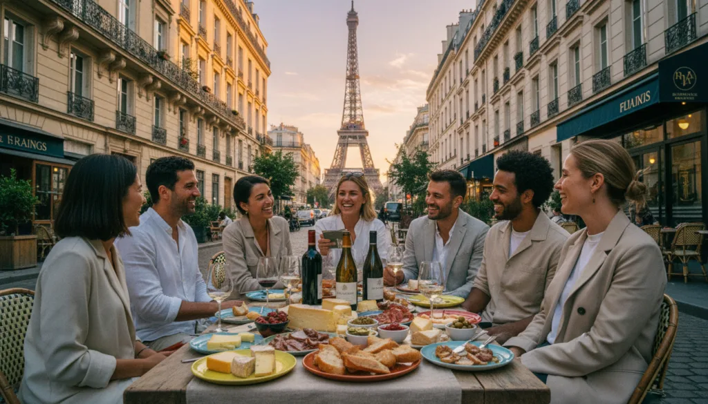 Une scène pittoresque d'une dégustation de mets et de vins à Paris, mettant en scène un charmant café en terrasse. Au premier plan, une table élégamment dressée présente des assiettes colorées de fromages fins, de baguettes fraîches et une sélection de grands vins. Au second plan, un petit groupe de touristes aux profils variés, vêtus de façon décontractée, savoure ses dégustations et échange avec un guide passionné qui partage ses connaissances sur la gastronomie locale. À l'arrière-plan, l'architecture parisienne emblématique, comme la Tour Eiffel et des bâtiments historiques, se pare d'une douce lumière du soir. L'atmosphère est chaleureuse et vibrante, avec des couleurs riches et des textures détaillées, capturées dans un style photographique brut en résolution 8K, soulignant la joie et la convivialité de cette découverte culinaire.