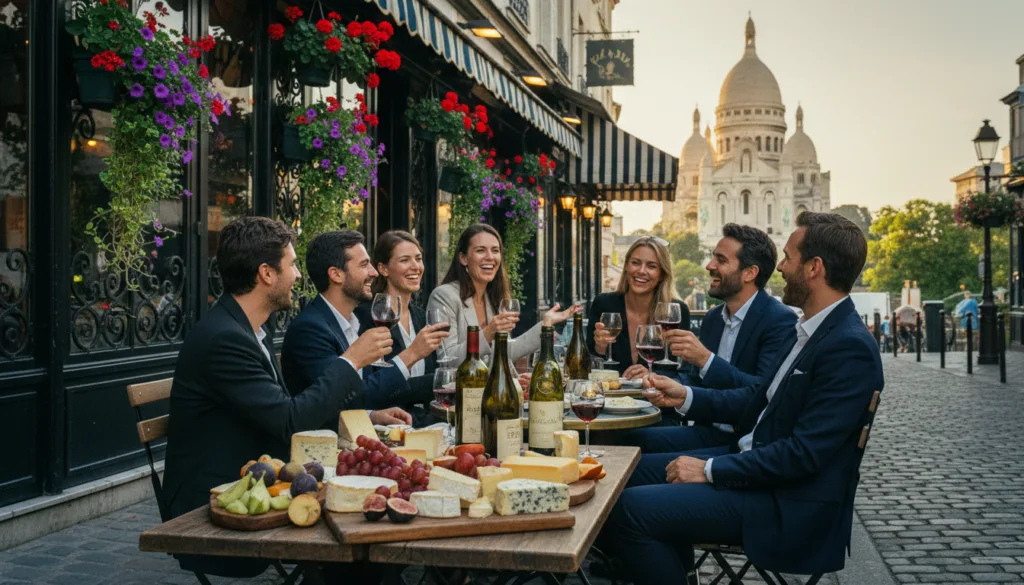 Isang kaakit-akit na tanawin ng isang paglilibot sa pagpapares ng alak at keso sa Montmartre, Paris. Sa harapan, isang simpleng mesa na gawa sa kahoy ang eleganteng nakalagay na may iba't ibang klase ng artisanal na keso, matingkad na prutas, at eleganteng nakadispley na mga bote ng alak. Sa gitna, isang maliit na grupo ng mga taong nakasuot ng propesyonal na kasuotan ang abala sa masiglang pag-uusap, ninanamnam ang mga lasa, na napapalibutan ng mga kakaibang cafe at matingkad na mga floral display na tipikal ng Montmartre. Tampok sa background ang iconic na Sacré-Cœur Basilica na nababalutan ng mainit at ginintuang ilaw sa oras. Ang larawan ay nagpapakita ng isang nakakarelaks at nakakaengganyong kapaligiran na nagbibigay-diin sa kagalakan ng paggalugad sa pagluluto. Kinunan sa isang hilaw na istilo ng potograpiya na may lubos na detalyadong mga texture, na nagpapakita ng 8k resolution para sa pinahusay na visual na kayamanan at lalim.