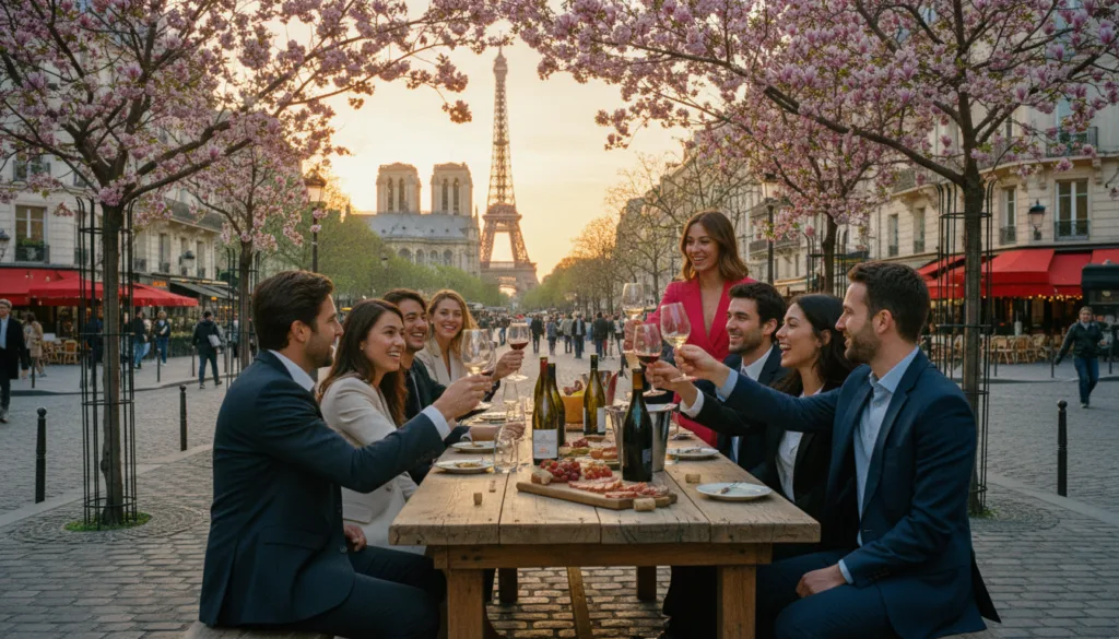 Isang kaakit-akit na tanawin ng isang wine tasting tour sa Paris, na nagpapakita ng magkakaibang grupo ng mga taong nakasuot ng propesyonal na kasuotan pang-negosyo, at nasisiyahan sa isang masiglang hapon. Sa harapan, nakaupo sila sa isang simpleng mesang kahoy na pinalamutian ng iba't ibang baso ng alak at bote. Ang gitnang lugar ay nagtatampok ng mga iconic na landmark ng Paris tulad ng Eiffel Tower at Notre-Dame Cathedral, na nakabalangkas sa mga namumulaklak na bulaklak ng tagsibol. Nakukuha ng background ang kagandahan ng mga kalye ng Paris, na may mga maaliwalas na café at mga landas na gawa sa cobblestone na naliligo sa malambot at ginintuang ilaw ng paglubog ng araw. Ang kapaligiran ay masaya at nakakarelaks, na nag-aanyaya sa mga manonood na maranasan ang parehong kasiyahan ng alak at ang kagandahan ng lungsod. Ang imahe ay nasa 8k resolution na may lubos na detalyadong mga texture at cinematic lighting.