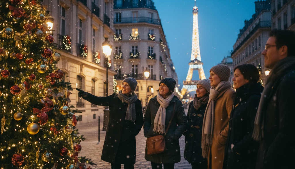 A picturesque scene of a winter evening in Paris, showcasing a group of tourists dressed in warm, modest winter attire as they enjoy a guided cultural and historical Christmas tour. In the foreground, the tour guide enthusiastically points towards an intricately decorated Christmas tree, adorned with twinkling lights and ornaments. The middle ground features elegant buildings illuminated by soft, golden light, showcasing classic Parisian architecture with holiday decorations. In the background, the iconic silhouette of the Eiffel Tower is visible, draped in festive lights against a twilight sky. The image should convey a warm, inviting atmosphere, with hints of snowflakes falling gently, captured in high detail with cinematic lighting and an 8k resolution, creating a vibrant and enchanting holiday mood in Paris.