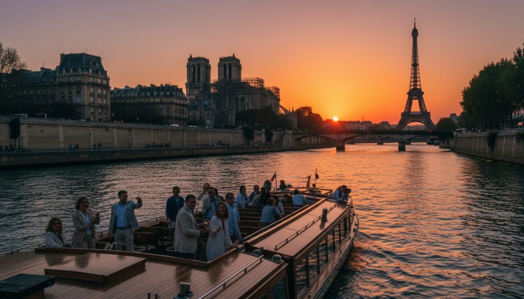 O scenă pitorească a fluviului Sena din Paris, în timpul unui apus vibrant, evidențiind bărci fermecătoare care navighează grațios pe apă. În prim-plan, o barcă frumos detaliată, cu pasageri care se bucură de priveliște, îmbrăcați în ținute elegant casual. Planul din mijloc prezintă arhitectura emblematică a Parisului, inclusiv Catedrala Notre-Dame și clădirile pitorești care mărginesc malul râului, cu reflexii strălucind pe suprafața apei. În fundal, silueta Turnului Eiffel este vizibilă pe fundalul nuanțelor calde ale soarelui care apune. Imaginea prezintă o iluminare cinematografică, care sporește texturile mediului înconjurător și surprinde o atmosferă senină și romantică. Filmată în rezoluție 8k pentru a evidenția detaliile și culorile.
