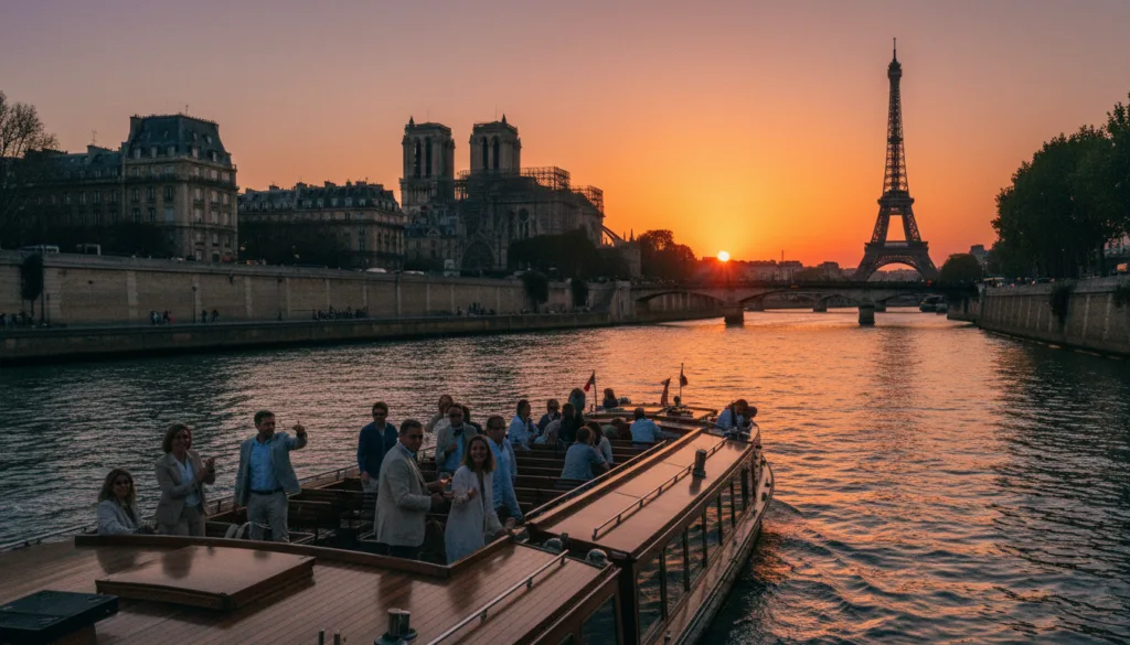 Una pintoresca escena del río Sena en París durante una vibrante puesta de sol, que resalta los encantadores barcos que navegan con gracia. En primer plano, un barco con hermosos detalles, con pasajeros disfrutando de la vista, vestidos con ropa informal elegante. En segundo plano, se muestra la icónica arquitectura de París, incluyendo la Catedral de Notre Dame y los pintorescos edificios que bordean la ribera, con reflejos que brillan en la superficie del agua. Al fondo, la silueta de la Torre Eiffel se distingue contra los cálidos tonos del sol poniente. La imagen presenta una iluminación cinematográfica que realza las texturas del entorno y captura una atmósfera serena y romántica. Tomada en resolución 8k para resaltar detalles y colores.