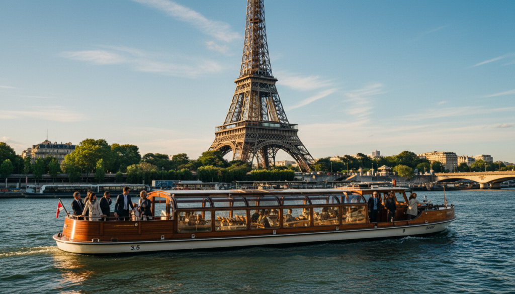 A picturesque scene showcasing a Seine river cruise with views of the iconic Eiffel Tower in Paris. In the foreground, a majestic boat glides along the shimmering water, filled with tourists admiring the scenery, dressed in professional business attire and modest casual clothing. In the middle ground, the beautiful Eiffel Tower stands tall against the clear blue sky, surrounded by green trees and elegant architecture lining the riverbanks. In the background, the vibrant Parisian skyline complements the scene. The sunlight casts a warm glow, enhancing the rich textures of the boat and the reflective water surface. Shot in 8k resolution with cinematic lighting, the image captures the romantic and enchanting atmosphere of Paris. A picturesque scene showcasing a Seine river cruise with views of the iconic Eiffel Tower in Paris. In the foreground, a majestic boat glides along the shimmering water, filled with tourists admiring the scenery, dressed in professional business attire and modest casual clothing. In the middle ground, the beautiful Eiffel Tower stands tall against the clear blue sky, surrounded by green trees and elegant architecture lining the riverbanks. In the background, the vibrant Parisian skyline complements the scene. The sunlight casts a warm glow, enhancing the rich textures of the boat and the reflective water surface. Shot in 8k resolution with cinematic lighting, the image captures the romantic and enchanting atmosphere of Paris.