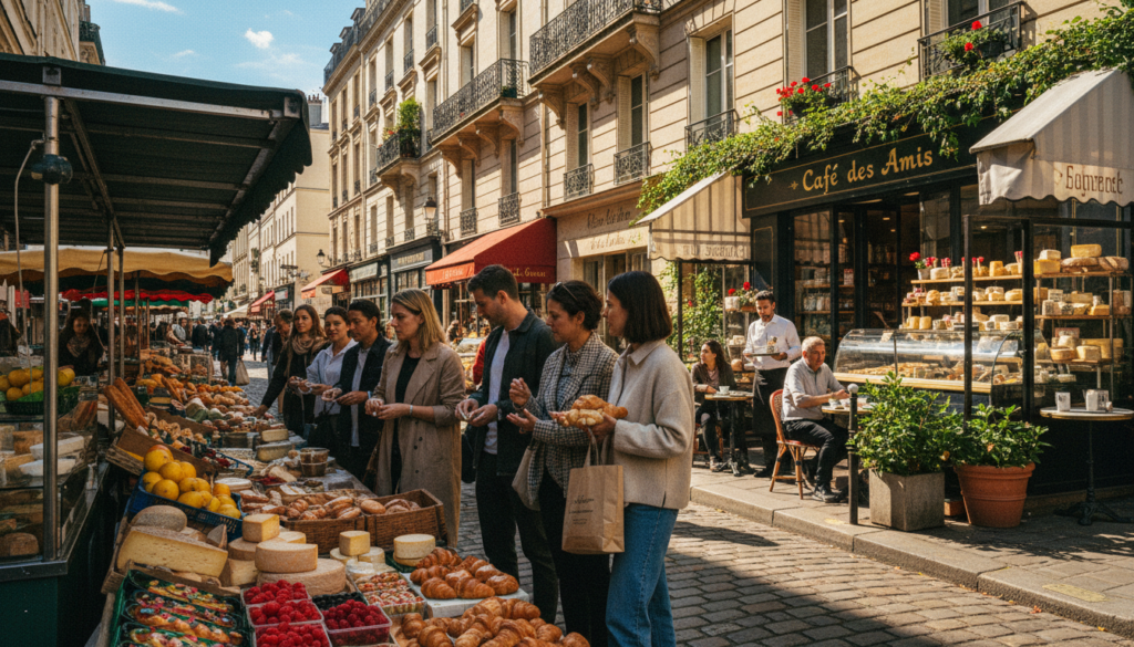 A picturesque street in Paris showcasing a vibrant neighbourhood-focused gourmet tour. In the foreground, a small group of people dressed in casual, modest clothing explores a charming outdoor food market filled with colorful fruit, artisanal cheeses, and freshly baked pastries. The middle layer features quaint bakeries and cheese shops with inviting displays, while a cozy café spills onto the sidewalk, adorned with plants and city ambiance. The background reveals classic Parisian architecture under a clear blue sky. Soft, warm cinematic lighting enhances the scene, casting gentle shadows, and capturing the hustle and bustle of the neighbourhood. The image is highly detailed, presenting textures of the food, storefronts, and cobblestone streets in stunning 8k resolution. The overall mood is lively, inviting, and culturally rich, reflecting the essence of gourmet experiences in Paris. A picturesque street in Paris showcasing a vibrant neighbourhood-focused gourmet tour. In the foreground, a small group of people dressed in casual, modest clothing explores a charming outdoor food market filled with colorful fruit, artisanal cheeses, and freshly baked pastries. The middle layer features quaint bakeries and cheese shops with inviting displays, while a cozy café spills onto the sidewalk, adorned with plants and city ambiance. The background reveals classic Parisian architecture under a clear blue sky. Soft, warm cinematic lighting enhances the scene, casting gentle shadows, and capturing the hustle and bustle of the neighbourhood. The image is highly detailed, presenting textures of the food, storefronts, and cobblestone streets in stunning 8k resolution. The overall mood is lively, inviting, and culturally rich, reflecting the essence of gourmet experiences in Paris.