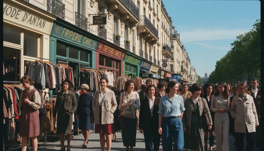 Une rue pittoresque de Paris, théâtre d'une scène animée de shopping vintage. Au premier plan, un groupe hétéroclite de personnes élégantes, vêtues de tenues décontractées et sobres, admirent des boutiques de vêtements d'occasion colorées, le regard empli d'enthousiasme. Au second plan, des façades rustiques ornées d'enseignes vintage éclectiques soulignent le charme de l'architecture parisienne. À l'arrière-plan, une rue parisienne classique bordée d'arbres se dessine sous un ciel d'un bleu limpide. Une lumière douce et cinématographique projette des ombres délicates, mettant en valeur les riches textures des vêtements et des éléments environnants. La scène est filmée avec un objectif grand angle, offrant une belle profondeur de champ et invitant le spectateur à s'immerger dans l'atmosphère vibrante de cette exploration de la mode au cœur de Paris. Haute définition, en résolution 8K.