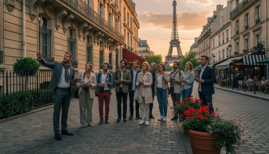 Una pintoresca escena callejera en París presenta a un grupo diverso de personas en un recorrido histórico a pie. En primer plano, un guía turístico experto, vestido con ropa de negocios, señala un hermoso y ornamentado edificio. A la derecha, participantes de diversas edades y orígenes, vestidos con ropa informal y discreta, se sumergen en la historia que se comparte. En el plano medio se aprecian calles adoquinadas bordeadas de encantadores cafés, farolas antiguas y jardineras con flores. Al fondo, la icónica silueta de la Torre Eiffel se recorta contra un cálido y dorado cielo al atardecer, creando una atmósfera nostálgica. La imagen captura una sensación de aventura y apreciación cultural. Grabada en resolución 8k con texturas ricas e iluminación cinematográfica para realzar la atmósfera.