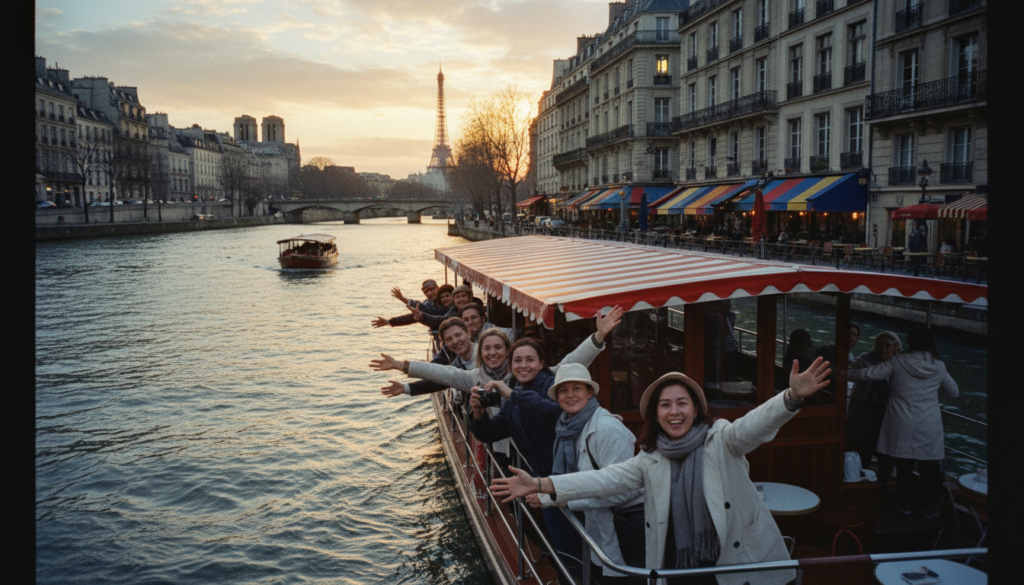 A picturesque view of a river sightseeing tour along the Seine in Paris, featuring a charming boat gliding smoothly on the water. In the foreground, happy tourists in modest casual clothing enjoy the scenery, taking photos and pointing out landmarks. The mid-ground captures the iconic Parisian architecture lining the riverbanks, showcasing historical buildings and quaint cafés with colorful awnings. The background reveals the soft glow of the setting sun casting warm hues across the sky, reflecting on the water's surface. Cinematic lighting enhances the atmosphere, providing intricate details in 8k resolution. The scene exudes a sense of wonder and tranquility, inviting viewers to experience the beauty of Paris from the Seine. A picturesque view of a river sightseeing tour along the Seine in Paris, featuring a charming boat gliding smoothly on the water. In the foreground, happy tourists in modest casual clothing enjoy the scenery, taking photos and pointing out landmarks. The mid-ground captures the iconic Parisian architecture lining the riverbanks, showcasing historical buildings and quaint cafés with colorful awnings. The background reveals the soft glow of the setting sun casting warm hues across the sky, reflecting on the water's surface. Cinematic lighting enhances the atmosphere, providing intricate details in 8k resolution. The scene exudes a sense of wonder and tranquility, inviting viewers to experience the beauty of Paris from the Seine.