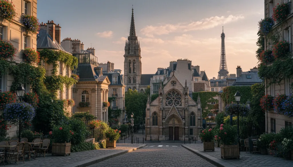 Malebný pohľad na pokojnú parížsku scenériu s bezplatnými kostolmi a skrytými architektonickými skvostami. V popredí vedie očarujúca dláždená ulica lemovaná malebnými kaviarňami a bujnou zeleňou k malému, prepracovanému kostolu s úžasnými vitrážovými oknami. V strede zachytávajte detaily rôznych pozoruhodných budov s jedinečnými architektonickými štýlmi – gotický, barokový a moderný – ozdobených brečtanom a žiarivými kvetmi. V pozadí je na pastelovej oblohe pri západe slnka nenápadne vidieť siluetu ikonických parížskych striech a Eiffelovej veže, čo vytvára teplú a príjemnú atmosféru. Na zvýraznenie textúr a farieb použite filmové osvetlenie a zobrazenie pulzujúceho života mesta. Obrázok by mal byť v rozlíšení 8k, pričom by mal jasne zobrazovať každý detail a nemal by byť prítomné žiadne ľudské postavy.