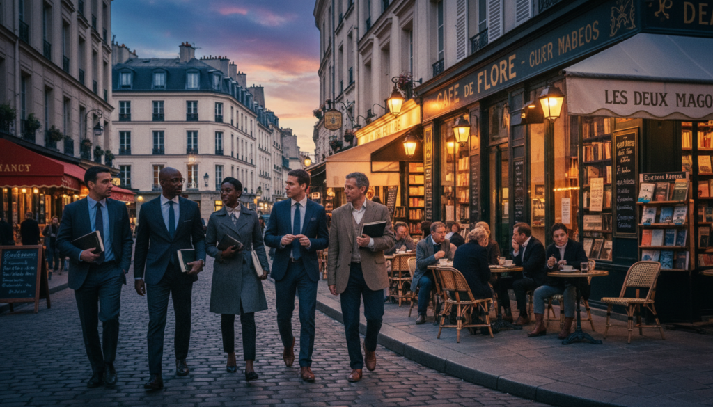 O vedere pitorească a unor repere pariziene emblematice asociate cu James Baldwin, inclusiv străzile vibrante din Saint-Germain-des-Prés, cu cafenele și librării împodobite cu firme vintage. În prim-plan, un grup divers de turiști implicați intelectual, îmbrăcați în ținute business profesionale și haine casual modeste, se plimbă împreună, absorbiți de discuții. Parterul central prezintă o terasă confortabilă de cafenea unde Baldwin se aduna odinioară cu alți scriitori, iluminată de o iluminare cinematografică caldă, aurie, care creează o atmosferă primitoare. În fundal, focalizarea estompată surprinde arhitectura clasică a clădirilor pariziene sub un cer dramatic al amurgului. Imaginea este bogată în texturi extrem de detaliate, amintind de o fotografie cu rezoluție de 8k, evocând un sentiment de moștenire literară și nostalgie.