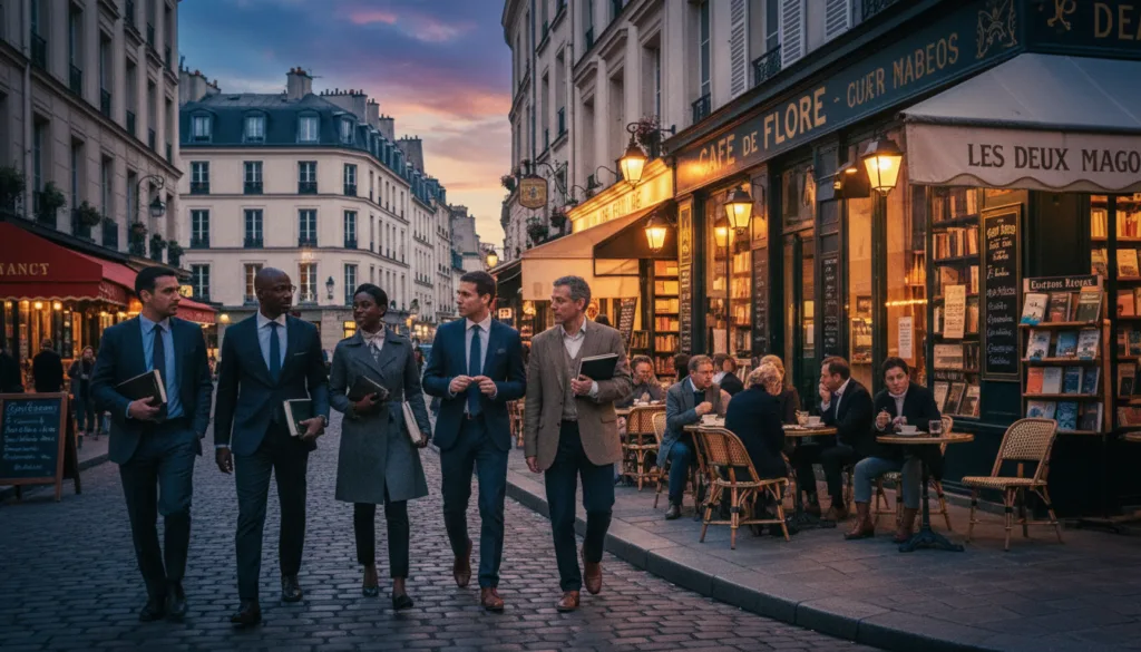 Une vue pittoresque des lieux emblématiques parisiens associés à James Baldwin, notamment les rues animées de Saint-Germain-des-Prés, avec leurs cafés et librairies aux enseignes vintage. Au premier plan, un groupe hétéroclite de touristes, l'air curieux et cultivé, vêtus de tenues professionnelles et décontractées, flânent, absorbés par leurs discussions. Au second plan, la terrasse accueillante d'un café, où Baldwin se réunissait jadis avec d'autres écrivains, est baignée d'une lumière dorée et chaleureuse, créant une atmosphère invitante. À l'arrière-plan, un flou artistique sublime l'architecture classique des immeubles parisiens sous un ciel crépusculaire dramatique. L'image, riche en textures d'une grande finesse, évoque une photographie en résolution 8K et suscite un profond sentiment de patrimoine littéraire et de nostalgie. Une vue pittoresque des lieux emblématiques parisiens associés à James Baldwin, notamment les rues animées de Saint-Germain-des-Prés, avec leurs cafés et librairies aux enseignes vintage. Au premier plan, un groupe hétéroclite de touristes, l'air curieux et cultivé, vêtus de tenues professionnelles et décontractées, flânent, absorbés par leurs discussions. Au second plan, la terrasse accueillante d'un café, où Baldwin se réunissait jadis avec d'autres écrivains, est baignée d'une lumière dorée et chaleureuse, créant une atmosphère invitante. À l'arrière-plan, un flou artistique sublime l'architecture classique des immeubles parisiens sous un ciel crépusculaire dramatique. L'image, riche en textures d'une grande finesse, évoque une photographie en résolution 8K et suscite un profond sentiment de patrimoine littéraire et de nostalgie.
