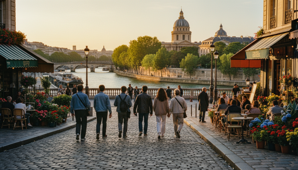 A picturesque view showcasing the attractions of the Left Bank and the Latin Quarter in Paris. In the foreground, include charming cobblestone streets lined with quaint cafes and vibrant flower shops. Add pedestrians dressed in casual but modest clothing, enjoying the ambiance. The middle ground features iconic landmarks like the Panthéon and the Sorbonne, surrounded by lush greenery and blossoming trees. In the background, a softly lit Seine River reflects the warm glow of golden hour. Capture intricate architectural details and the lively atmosphere. Utilize cinematic lighting to enhance depth and contrast, aiming for an 8k resolution image with vivid textures that evoke the romantic allure of Paris. The overall mood is welcoming and nostalgic, inviting viewers to explore this historic area.