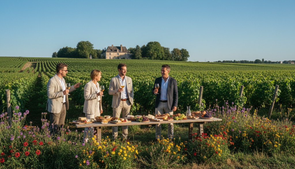 A picturesque vineyard landscape near Paris, showcasing rolling hills covered in lush grapevines under a clear blue sky. In the foreground, a small group of four tourists in casual, professional attire is engaged in a wine tasting experience, holding glasses of wine and smiling as they admire the scenery. The middle ground features rustic wooden tables adorned with cheese and bread, set up for an outdoor tasting session, surrounded by vibrant wildflowers. In the background, a charming, traditional French chateau peeks through the greenery, bathed in warm, cinematic lighting that illuminates the vineyard. The overall mood is serene and inviting, evoking a sense of relaxation and appreciation for the art of wine making. Shot in 8k resolution for highly detailed textures. A picturesque vineyard landscape near Paris, showcasing rolling hills covered in lush grapevines under a clear blue sky. In the foreground, a small group of four tourists in casual, professional attire is engaged in a wine tasting experience, holding glasses of wine and smiling as they admire the scenery. The middle ground features rustic wooden tables adorned with cheese and bread, set up for an outdoor tasting session, surrounded by vibrant wildflowers. In the background, a charming, traditional French chateau peeks through the greenery, bathed in warm, cinematic lighting that illuminates the vineyard. The overall mood is serene and inviting, evoking a sense of relaxation and appreciation for the art of wine making. Shot in 8k resolution for highly detailed textures.