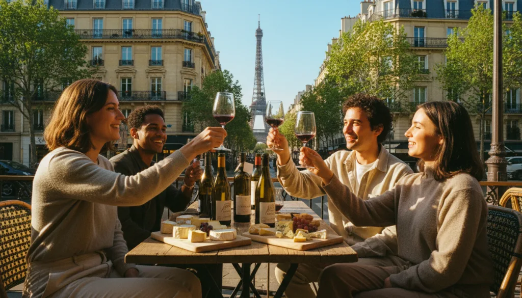 Isang kaakit-akit na eksena ng pagtikim ng alak sa Paris na idinisenyo para sa mga nagsisimula, na kinukuha ang isang maaraw na hapon sa isang kaakit-akit na terasa ng café. Sa harapan, isang magkakaibang grupo ng tatlong tao na nakasuot ng disenteng kaswal na damit, nakikibahagi sa pagtikim ng iba't ibang alak, may hawak na mga baso, na nagpapakita ng mga ekspresyon ng tuwa at kuryosidad. Ang gitnang lugar ay nagtatampok ng isang magandang nakaayos na mesa na gawa sa kahoy na puno ng mga bote ng alak at mga plato ng keso, na nagpapakita ng iba't ibang uri ng alak at mga artisanal na keso. Sa background, ang iconic na arkitektura ng Paris, kabilang ang Eiffel Tower na sumisilip sa malalagong berdeng puno, sa ilalim ng maliwanag na asul na kalangitan. Ang larawan ay kinunan gamit ang cinematic lighting, na nagbibigay-diin sa mainit na mga tono at nakakarelaks na kapaligiran, na may lubos na detalyadong mga texture, sa 8k resolution.