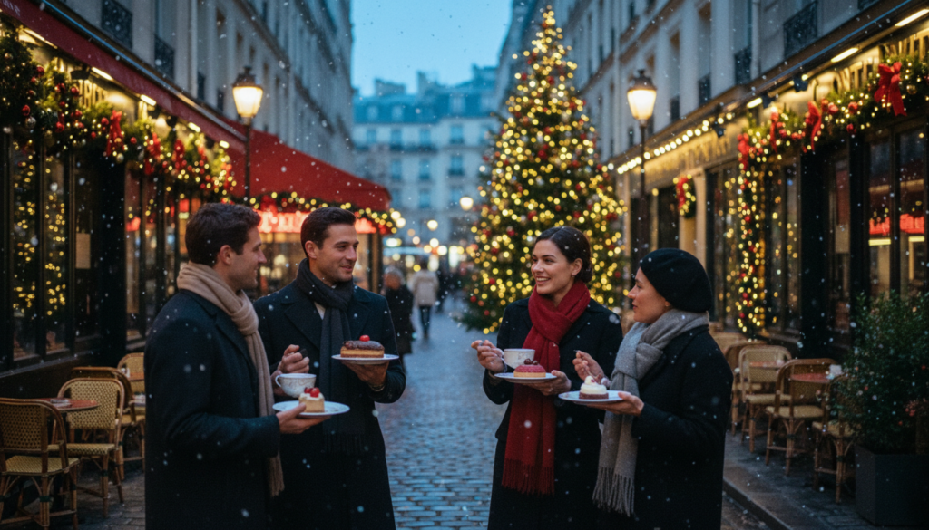 A picturesque winter scene in Paris during Christmas, featuring a quaint cobblestone street lined with charming cafes adorned with festive decorations, twinkling lights, and colorful holiday wreaths. In the foreground, a small group of elegantly dressed people—men and women in chic winter attire—savor gourmet holiday treats, such as luxurious pastries, artisanal chocolates, and mulled wine, while animatedly discussing the flavors. In the middle ground, a beautifully lit Christmas tree stands proudly, surrounded by delicate snowflakes falling gently. The background includes iconic Parisian architecture, softly illuminated by warm streetlights under a twilight sky, casting a cozy, inviting ambiance. The image captures a magical holiday atmosphere, rich in detail and texture, shot in 8k resolution with cinematic lighting and a slightly blurred background for depth.