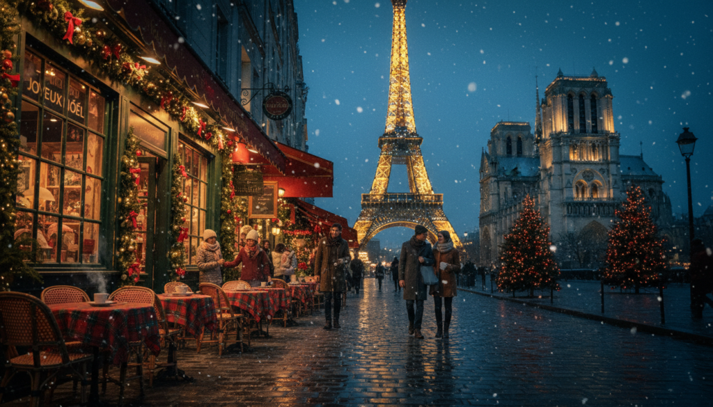 A picturesque winter scene in Paris featuring iconic landmarks like the Eiffel Tower and Notre-Dame Cathedral adorned with festive Christmas decorations. In the foreground, a cobblestone street lined with quaint cafes showcases tables draped in red and green tablecloths, with twinkling fairy lights illuminating the scene. The middle ground highlights families and couples in modest winter attire, joyfully exploring the vibrantly decorated shops. In the background, the Eiffel Tower sparkles against a twilight sky, surrounded by softly falling snow. The image captures a warm, festive glow with cinematic lighting, emphasizing the rich textures of the winter scene. Using an 8k resolution, the photograph exudes a cozy, magical atmosphere, inviting viewers to experience the charm of Christmas in Paris.