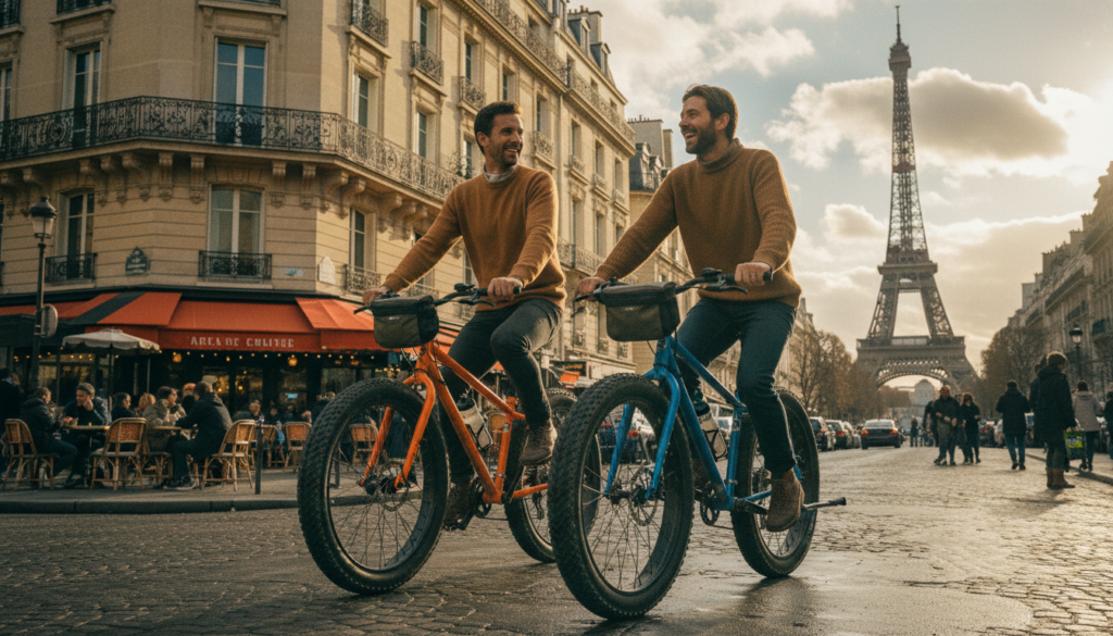 A private couple enjoys a fat bike tour in Paris, guided by a friendly local expert. In the foreground, the couple, dressed in comfortable yet stylish casual clothing, rides brightly colored, sturdy fat bikes filled with excitement. The middle ground features iconic Parisian architecture, showcasing the Eiffel Tower and charming cafés lining the streets. The background reveals a cloudy blue sky with soft sunlight filtering through, casting a warm glow on the scene. The setting is vibrant and bustling, capturing the essence of a joyful day out. The image is shot in a raw photographic style with cinematic lighting, highly detailed textures, and in stunning 8k resolution, inviting viewers to immerse themselves in the unique experience of a private fat bike tour in this romantic city.
