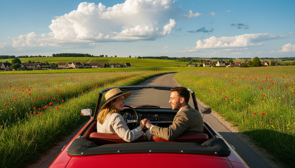 A private guided day trip from Paris into the idyllic French countryside, showcasing a charming vintage car driving along a winding road surrounded by vibrant green fields and blooming wildflowers. In the foreground, a couple in modest casual clothing sits in the car, enjoying the scenic views with smiles. In the middle ground, rolling hills dotted with quaint villages and vineyards stretch into the distance. The background features a bright blue sky with fluffy white clouds, bathed in warm, golden sunlight, creating a serene and inviting atmosphere. The composition should be captured in a raw photograph style with cinematic lighting, showcasing highly detailed textures, in 8k resolution, evoking a sense of adventure and discovery. A private guided day trip from Paris into the idyllic French countryside, showcasing a charming vintage car driving along a winding road surrounded by vibrant green fields and blooming wildflowers. In the foreground, a couple in modest casual clothing sits in the car, enjoying the scenic views with smiles. In the middle ground, rolling hills dotted with quaint villages and vineyards stretch into the distance. The background features a bright blue sky with fluffy white clouds, bathed in warm, golden sunlight, creating a serene and inviting atmosphere. The composition should be captured in a raw photograph style with cinematic lighting, showcasing highly detailed textures, in 8k resolution, evoking a sense of adventure and discovery.