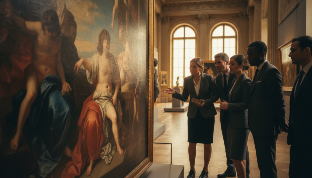 A private guided tour in a stunning Parisian museum, featuring a diverse group of adults dressed in professional business attire, engaged with a knowledgeable guide explaining a captivating piece of art. In the foreground, close-up details highlight the intricate textures of a famous painting, while the middle ground shows the group listening attentively. The background is filled with elegant museum architecture, soft golden lighting creating a warm atmosphere that enhances the art's vibrancy. Use a shallow depth of field to focus on the guided interaction, capturing the rich ambiance of the museum. The overall mood is one of engagement, curiosity, and appreciation for art and culture. Aim for a raw photograph style with cinematic lighting in 8k resolution, ensuring high detail and clarity. A private guided tour in a stunning Parisian museum, featuring a diverse group of adults dressed in professional business attire, engaged with a knowledgeable guide explaining a captivating piece of art. In the foreground, close-up details highlight the intricate textures of a famous painting, while the middle ground shows the group listening attentively. The background is filled with elegant museum architecture, soft golden lighting creating a warm atmosphere that enhances the art's vibrancy. Use a shallow depth of field to focus on the guided interaction, capturing the rich ambiance of the museum. The overall mood is one of engagement, curiosity, and appreciation for art and culture. Aim for a raw photograph style with cinematic lighting in 8k resolution, ensuring high detail and clarity.