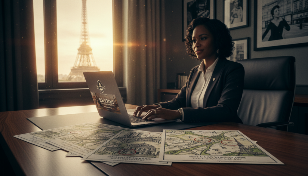 Un consultant de turism profesionist într-un birou elegant, concentrat pe rezervarea de tururi afro-americane în Paris. În prim-plan, consultantul, o femeie afro-americană în ținută business, stă la un birou elegant cu un laptop deschis, prezentând un site web elegant cu tururi. În mijloc, există broșuri și hărți ale unor repere pariziene emblematice, bogate în istorie culturală, care pun accent pe siturile patrimoniului afro-american. Fundalul include o fereastră cu vedere la Turnul Eiffel, scăldat într-o lumină caldă și blândă a după-amiezii, creând o atmosferă primitoare. Atmosfera generală este inspiratoare și profesională, surprinzând esența explorării Parisului printr-un obiectiv afro-american. Imaginea ar trebui să fie foarte detaliată, cu iluminare cinematografică și rezoluție 8k pentru claritate.