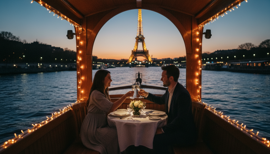 A romantic Seine cruise for special occasions in Paris, showcasing a beautifully decorated boat adorned with soft, ambient fairy lights and a small table set for two with elegant dinnerware and floral arrangements. In the foreground, a couple in modest evening attire shares a toast, their expressions filled with joy and affection. In the middle ground, the iconic silhouette of the Eiffel Tower softly illuminated in golden hues can be seen, complemented by the shimmering reflections on the water. The background features the picturesque Parisian skyline at twilight, with warm, inviting colors in the sky. The scene captures a dreamy, intimate atmosphere enhanced by cinematic lighting, highly detailed textures, and an 8k resolution to emphasize the romantic essence of this special occasion. A romantic Seine cruise for special occasions in Paris, showcasing a beautifully decorated boat adorned with soft, ambient fairy lights and a small table set for two with elegant dinnerware and floral arrangements. In the foreground, a couple in modest evening attire shares a toast, their expressions filled with joy and affection. In the middle ground, the iconic silhouette of the Eiffel Tower softly illuminated in golden hues can be seen, complemented by the shimmering reflections on the water. The background features the picturesque Parisian skyline at twilight, with warm, inviting colors in the sky. The scene captures a dreamy, intimate atmosphere enhanced by cinematic lighting, highly detailed textures, and an 8k resolution to emphasize the romantic essence of this special occasion.