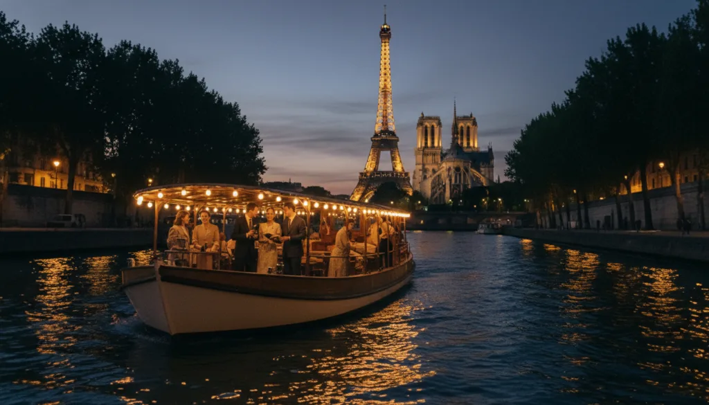 Una romántica escena nocturna en el río Sena, en París, muestra un pintoresco barco deslizándose suavemente por el agua. En primer plano, las suaves ondas reflejan las luces brillantes de los cafés ribereños cercanos, creando una atmósfera cálida y acogedora. Parejas con atuendos modestos y elegantes sonríen y admiran el paisaje, capturando el encanto de un paseo nocturno. La capa intermedia muestra emblemáticos monumentos parisinos como la Torre Eiffel y la Catedral de Notre Dame, suavemente iluminados contra un cielo crepuscular, ofreciendo un impresionante telón de fondo. Al fondo, frondosos árboles enmarcan la orilla del río, realzando la atmósfera tranquila. La iluminación cinematográfica realza la atmósfera, con suaves tonos dorados y azules profundos, creando una atmósfera de ensueño e intimidad. Filmada en resolución 8k, resalta las texturas altamente detalladas del agua y los edificios.