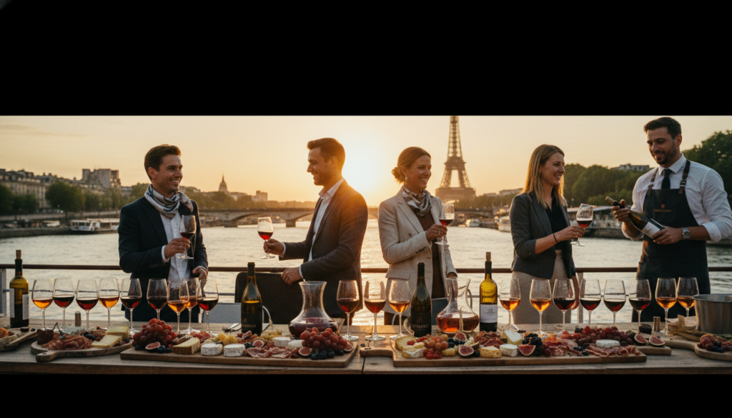 Wani kyakkyawan balaguron jirgin ruwa na kogin Seine da aka shirya a lokacin dandanar giya, wanda ke nuna baƙi masu kyau suna jin daɗin giya mai kyau. A gaba, an ƙawata teburin katako da gilashin giya masu launuka iri-iri, faranti masu kyau na cuku, da 'ya'yan itatuwa sabo. A tsakiyar gari, baƙi masu farin ciki suna tattaunawa, suna sanye da kayan sawa na yau da kullun, yayin da suke ɗanɗanon giya daga gonar inabin gida. Bayan bangon yana nuna sararin samaniyar Paris mai ban mamaki a ƙarƙashin faɗuwar rana mai ɗumi, tare da manyan wurare kamar Hasumiyar Eiffel da aka haskaka a hankali. Wurin ya cika da haske mai laushi, na sinima, yana haɓaka yanayin giya da abinci mai kyau, yana ƙirƙirar yanayi mai ɗumi da jan hankali. An ɗauki hoton a cikin ƙudurin 8k, yana nuna jin daɗi da jin daɗi.