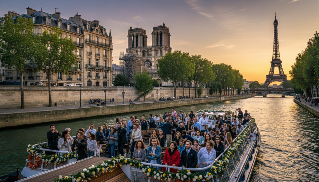 Wani kyakkyawan balaguron yawon shakatawa na Seine yana shawagi a kan manyan wuraren tarihi na Paris, ciki har da babban cocin Notre-Dame da kuma hasumiyar Eiffel mai ban mamaki a bango. A gaba, wani jirgin ruwa mai kyau wanda aka yi wa ado da kyau cike da masu yawon bude ido cikin kayan yau da kullun, suna ɗaukar hotuna cikin farin ciki da jin daɗin kallon. Tsakiyar filin yana da bishiyoyi masu kore masu kyau da ke gefen kogin da gine-ginen Paris masu ban sha'awa tare da gine-gine masu rikitarwa. Bayan fage yana nuna faɗuwar rana mai haske wanda ke haskaka yanayin, yana haɓaka yanayi mai ban sha'awa. An ɗauke shi da ruwan tabarau mai faɗi don ya ƙunshi girman yanayin, hoton yana da wadataccen rubutu mai zurfi, yana nuna kyawun Paris mai natsuwa a ƙudurin 8k, yana haifar da jin mamaki da kasada.