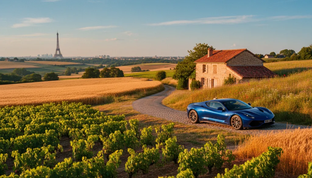Une balade en voiture dans les environs de Paris, mettant en scène une voiture élégante et moderne garée le long d'une route de campagne pittoresque, aux portes de la ville. Au premier plan, des vignobles verdoyants et des champs dorés annoncent une journée ensoleillée. Au second plan, des collines ondulantes et une charmante ferme française se dessinent, une route sinueuse s'étendant à perte de vue. À l'arrière-plan, la silhouette emblématique de la Tour Eiffel se devine subtilement à l'horizon, sur un ciel d'un bleu limpide. La scène est baignée d'une lumière chaude et cinématographique, soulignant la carrosserie polie de la voiture et les couleurs éclatantes du paysage. Capturez ce moment en format RAW 8K avec des textures très détaillées pour évoquer un sentiment d'aventure et de découverte. Une balade en voiture dans les environs de Paris, mettant en scène une voiture élégante et moderne garée le long d'une route de campagne pittoresque, aux portes de la ville. Au premier plan, des vignobles verdoyants et des champs dorés annoncent une journée ensoleillée. Au second plan, des collines ondulantes et une charmante ferme française se dessinent, une route sinueuse s'étendant à perte de vue. À l'arrière-plan, la silhouette emblématique de la Tour Eiffel se devine subtilement à l'horizon, sur un ciel d'un bleu limpide. La scène est baignée d'une lumière chaude et cinématographique, soulignant la carrosserie polie de la voiture et les couleurs éclatantes du paysage. Capturez ce moment en format RAW 8K avec des textures très détaillées pour évoquer un sentiment d'aventure et de découverte.