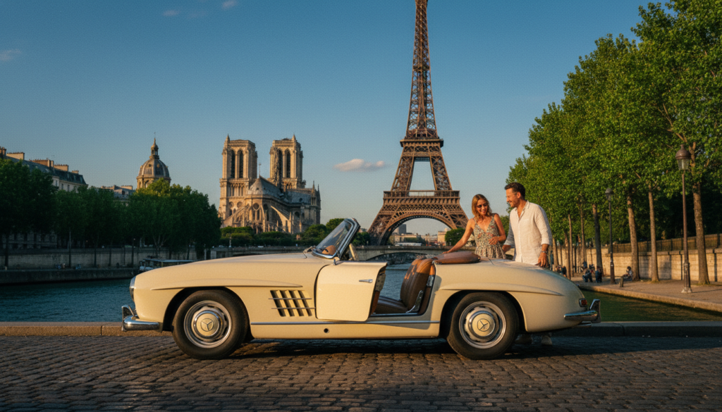 A scenic car tour in Paris showcasing iconic landmarks, featuring a vintage convertible driving along the Seine River. In the foreground, the sleek car is parked with its doors open, inviting passengers dressed in smart casual clothing. The middle ground displays the majestic Eiffel Tower and the stunning Notre-Dame Cathedral, both brilliantly illuminated by golden hour sunlight. Lush green trees line the streets, and cobblestone roads reflect the warm colors of the sunset. In the background, the beautiful Paris skyline is detailed against a vivid, clear blue sky. Capture this moment in a raw photograph style with cinematic lighting, emphasizing highly detailed textures in 8k resolution. The mood is romantic and adventurous, inviting viewers to experience the charm of Paris through its iconic sights.