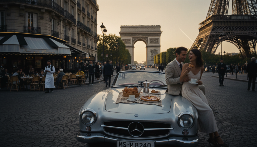 A scenic car tour through the streets of Paris, showcasing a sleek vintage convertible surrounded by iconic landmarks such as the Eiffel Tower and the Arc de Triomphe. In the foreground, passengers in smart casual attire are enjoying a picnic with local pastries and coffee, adding a culinary experience to their journey. In the middle ground, the bustling atmosphere of a Parisian street café captures the vibrant life of the city, with well-dressed locals enjoying their day. In the background, soft, golden hour lighting casts a warm glow over the entire scene, enhancing the textures of the historic architecture. The composition is shot with a wide-angle lens to emphasize the beauty and grandeur of the Parisian landscape, creating a cinematic and inviting mood, perfect for illustrating a memorable travel experience.