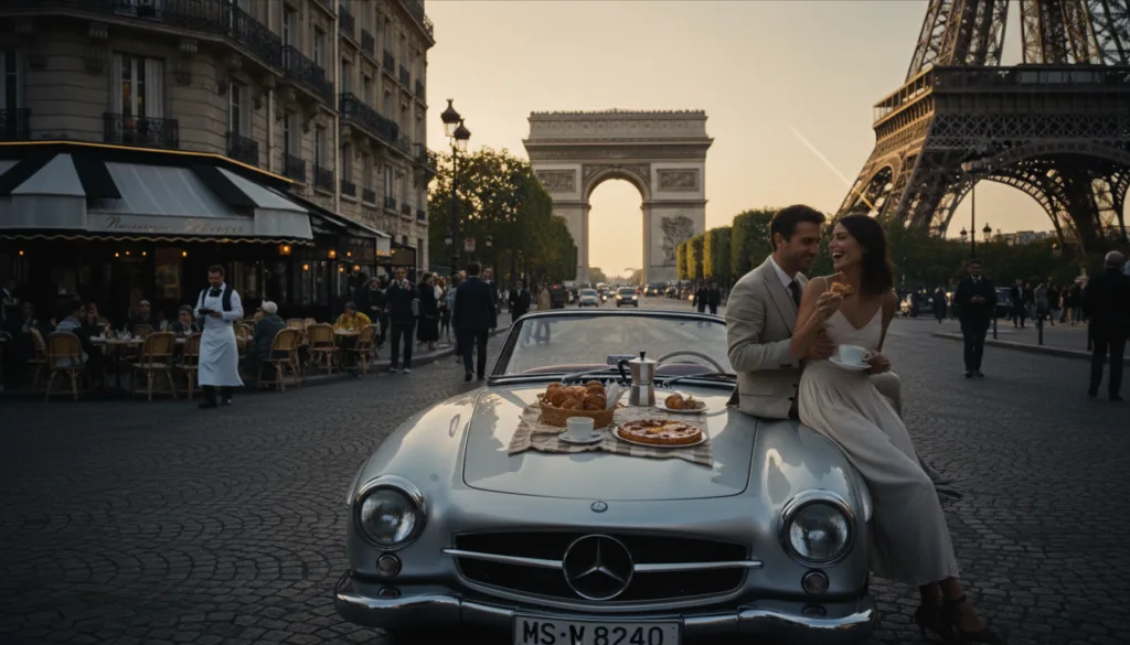 Une balade en voiture à travers les rues de Paris, mettant en scène un élégant cabriolet vintage entouré de monuments emblématiques tels que la Tour Eiffel et l'Arc de Triomphe. Au premier plan, des passagers en tenue décontractée chic savourent un pique-nique composé de pâtisseries locales et de café, ajoutant une touche gourmande à leur voyage. Au second plan, l'atmosphère animée d'un café parisien capture l'énergie vibrante de la ville, avec des Parisiens élégants profitant de leur journée. À l'arrière-plan, la douce lumière dorée du crépuscule baigne la scène d'une lueur chaleureuse, sublimant les textures de l'architecture historique. La composition, réalisée avec un objectif grand angle, souligne la beauté et la grandeur du paysage parisien, créant une ambiance cinématographique et invitante, idéale pour illustrer un voyage mémorable. Une balade en voiture à travers les rues de Paris, mettant en scène un élégant cabriolet vintage entouré de monuments emblématiques tels que la Tour Eiffel et l'Arc de Triomphe. Au premier plan, des passagers en tenue décontractée chic savourent un pique-nique composé de pâtisseries locales et de café, ajoutant une touche gourmande à leur voyage. Au second plan, l'atmosphère animée d'un café parisien capture l'énergie vibrante de la ville, avec des Parisiens élégants profitant de leur journée. À l'arrière-plan, la douce lumière dorée du crépuscule baigne la scène d'une lueur chaleureuse, sublimant les textures de l'architecture historique. La composition, réalisée avec un objectif grand angle, souligne la beauté et la grandeur du paysage parisien, créant une ambiance cinématographique et invitante, idéale pour illustrer un voyage mémorable.